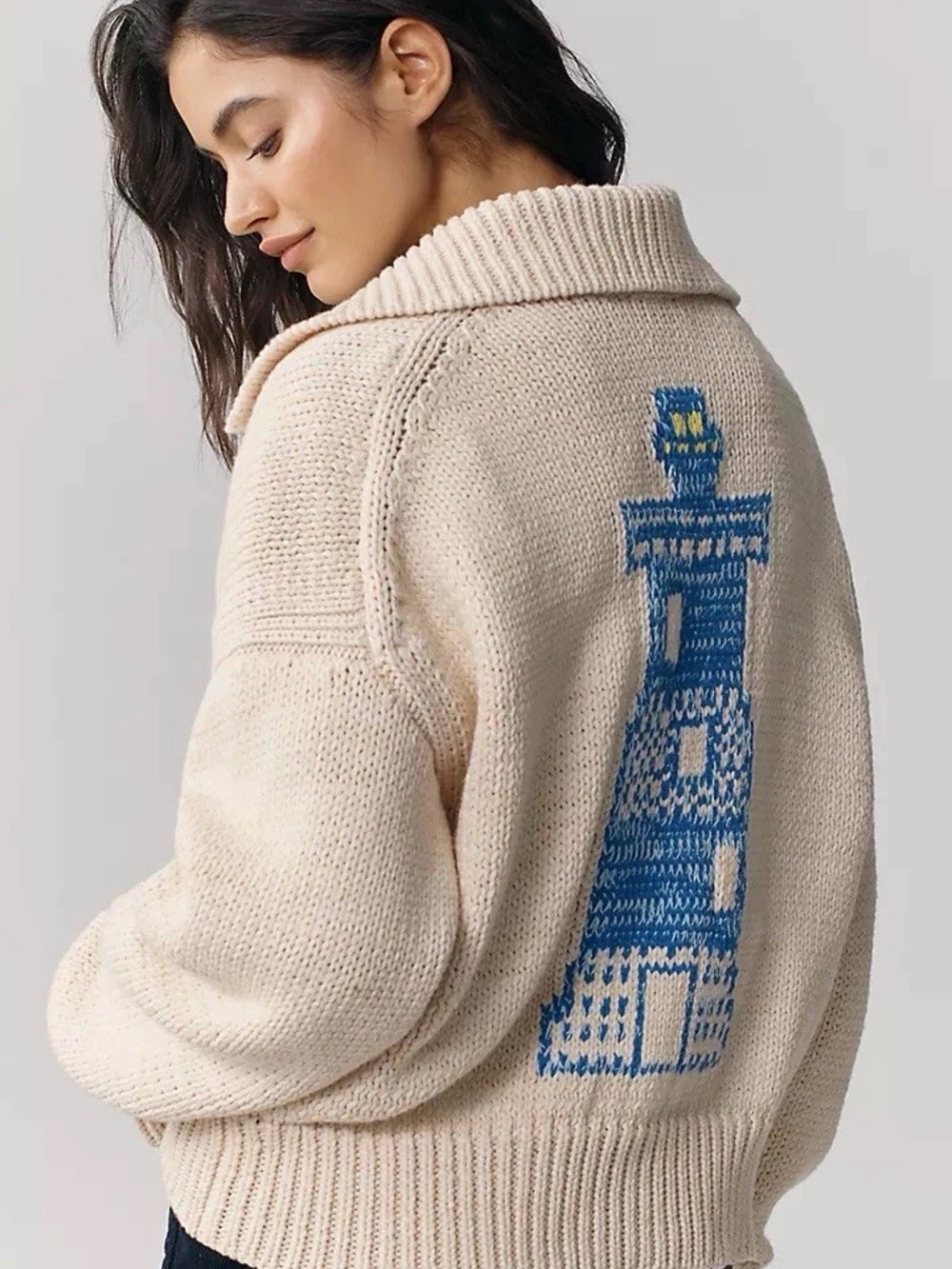 Anthropologie Maeve Collared V-Neck Lighthouse Cardigan Sweat